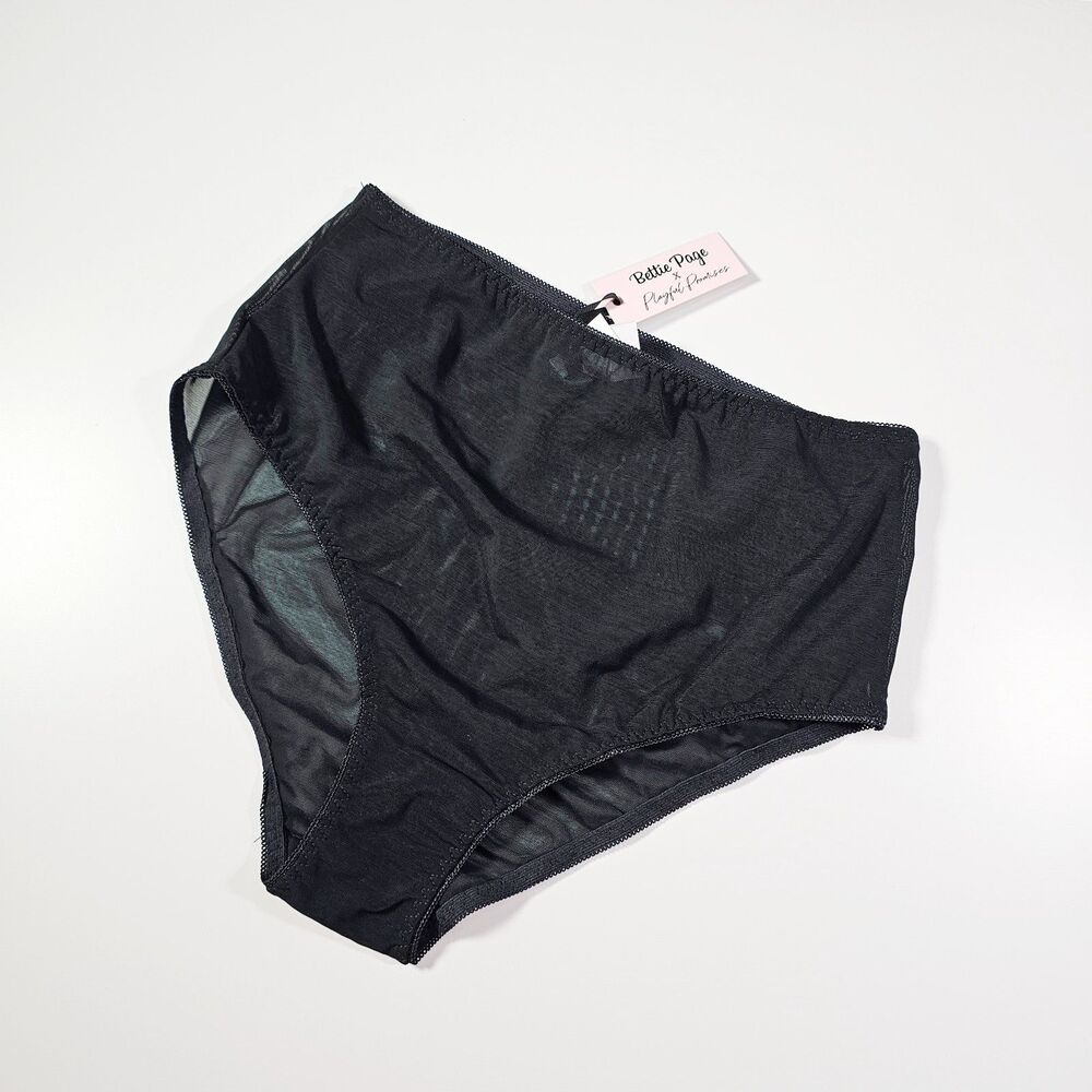 Bettie Page Lingerie Black Mesh Classic Brief Panty High Waist Size US 8